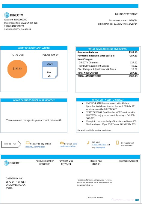 USA California Directv business utility bill template in Word and PDF formats, good for address prove